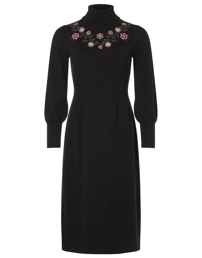 Embroidered Yoke Knit Midi Dress, Black (BLACK), large