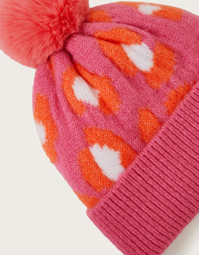 Leopard Print Pom-Pom Beanie, Pink (PINK), large