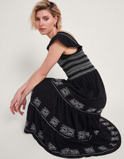 Emi Square Neck Embroidered Midi Dress, Black (BLACK), large