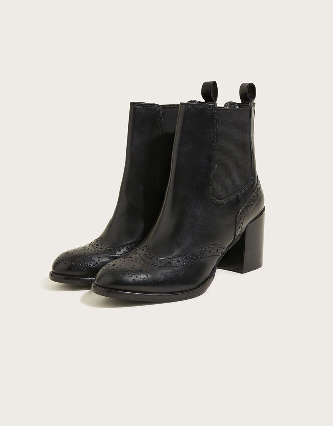 Classic Leather Heeled Brogue Boots Black