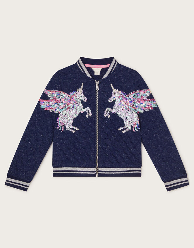 Sequin Unicorn Quilted Bomber Jacket, Blue (NAVY), large