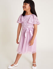 Lacy Sequin Flutter Sleeve Dress, Purple (LILAC), large