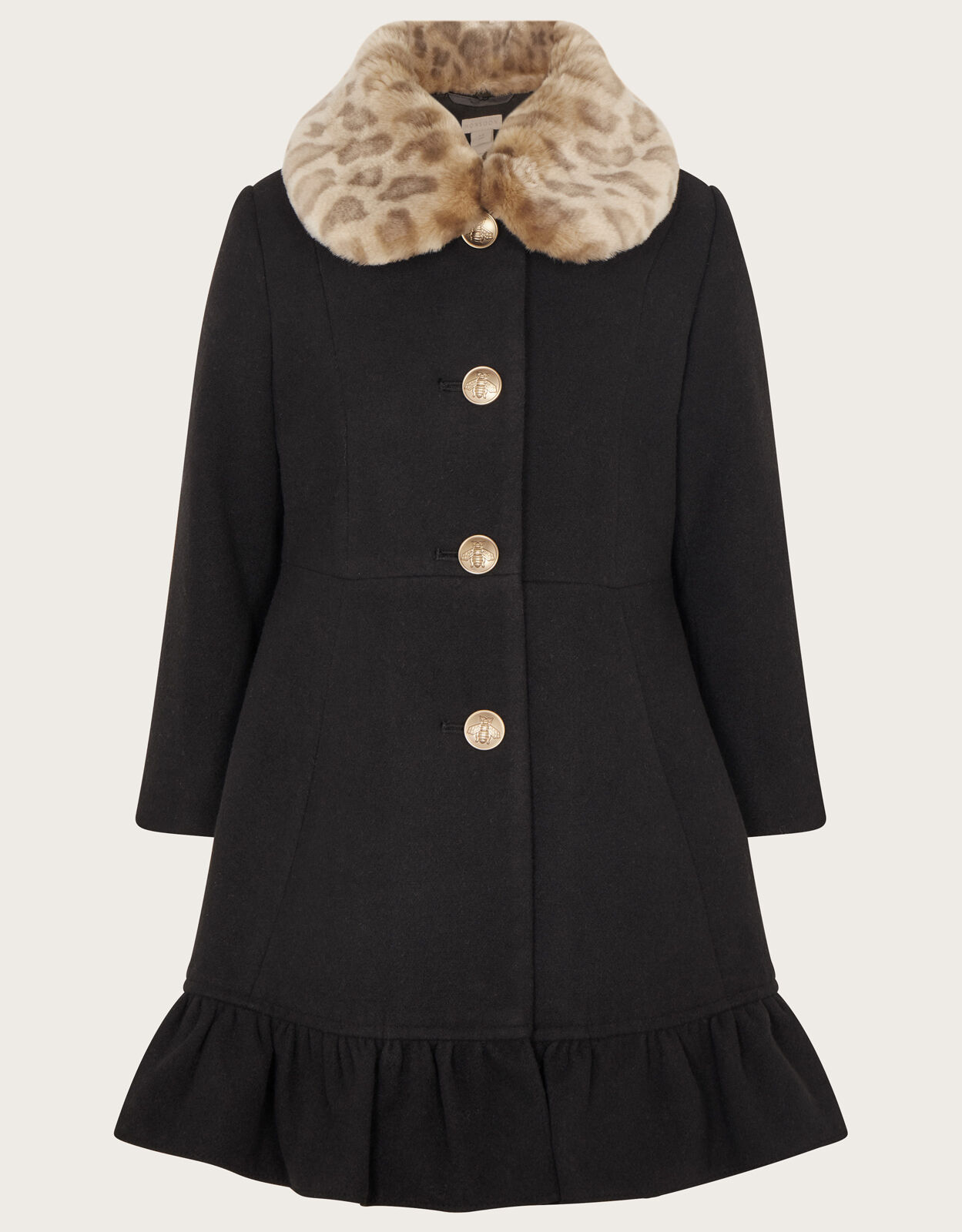 Ruffle Hem Faux Fur Collar Coat Black