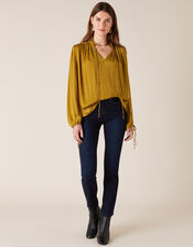 Long Sleeve Satin Blouse, Yellow (OCHRE), large