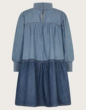 Long Sleeve Tiered Denim Dress, Blue (BLUE), large