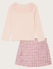 Long Sleeve Collar Top and Tweed Skort Set, Pink (PINK), large