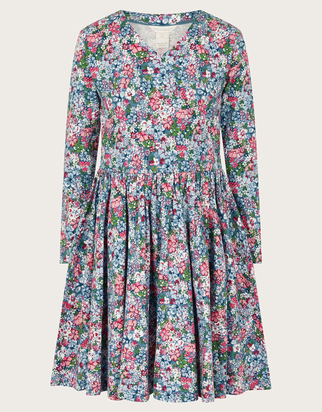 Long Sleeve Floral Print Jersey Dress, Blue (BLUE), large