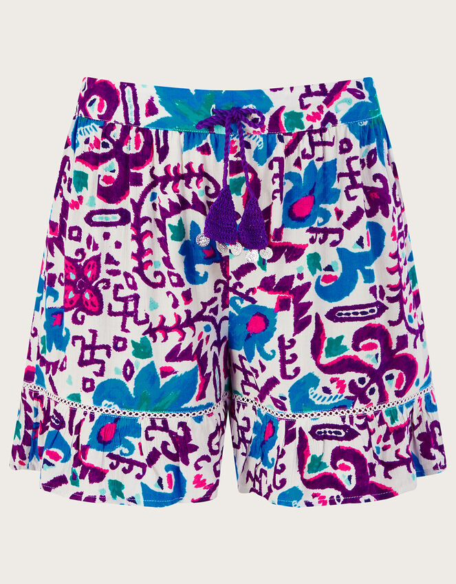 Fire Flower Ikat Print Shorts, Blue (BLUE), large