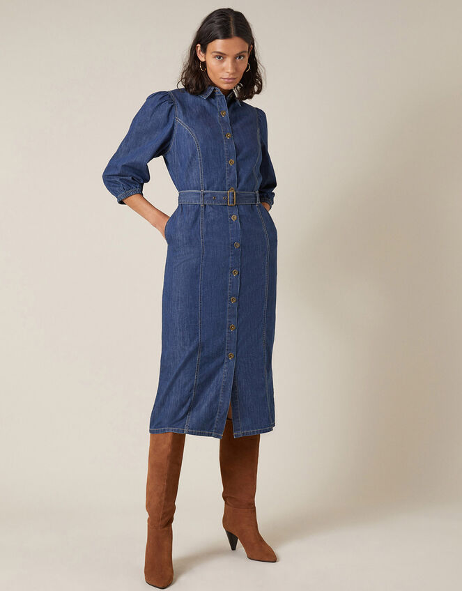 Belted Denim Midi Dress in Organic Cotton Blue | Day Dresses | Monsoon UK.