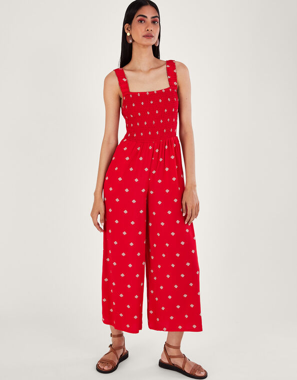 Geometric Print Cut-Out Jumpsuit, Red (RED), large