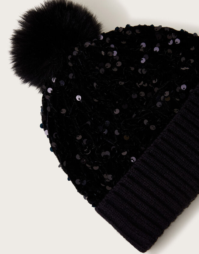 Sequin Faux Fur Pom-Pom Beanie, Black (BLACK), large