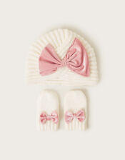 Baby Velvet Bow Knit Hat and Mittens, Ivory (IVORY), large