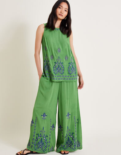 Saffron Embroidered Wide Leg Trousers, Green (GREEN), large