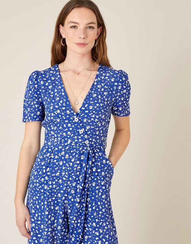 Ditsy Floral Wrap Jumpsuit, Blue (BLUE), large