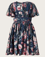 Flutter Sleeve Devore Floral Dress, Blue (NAVY), large