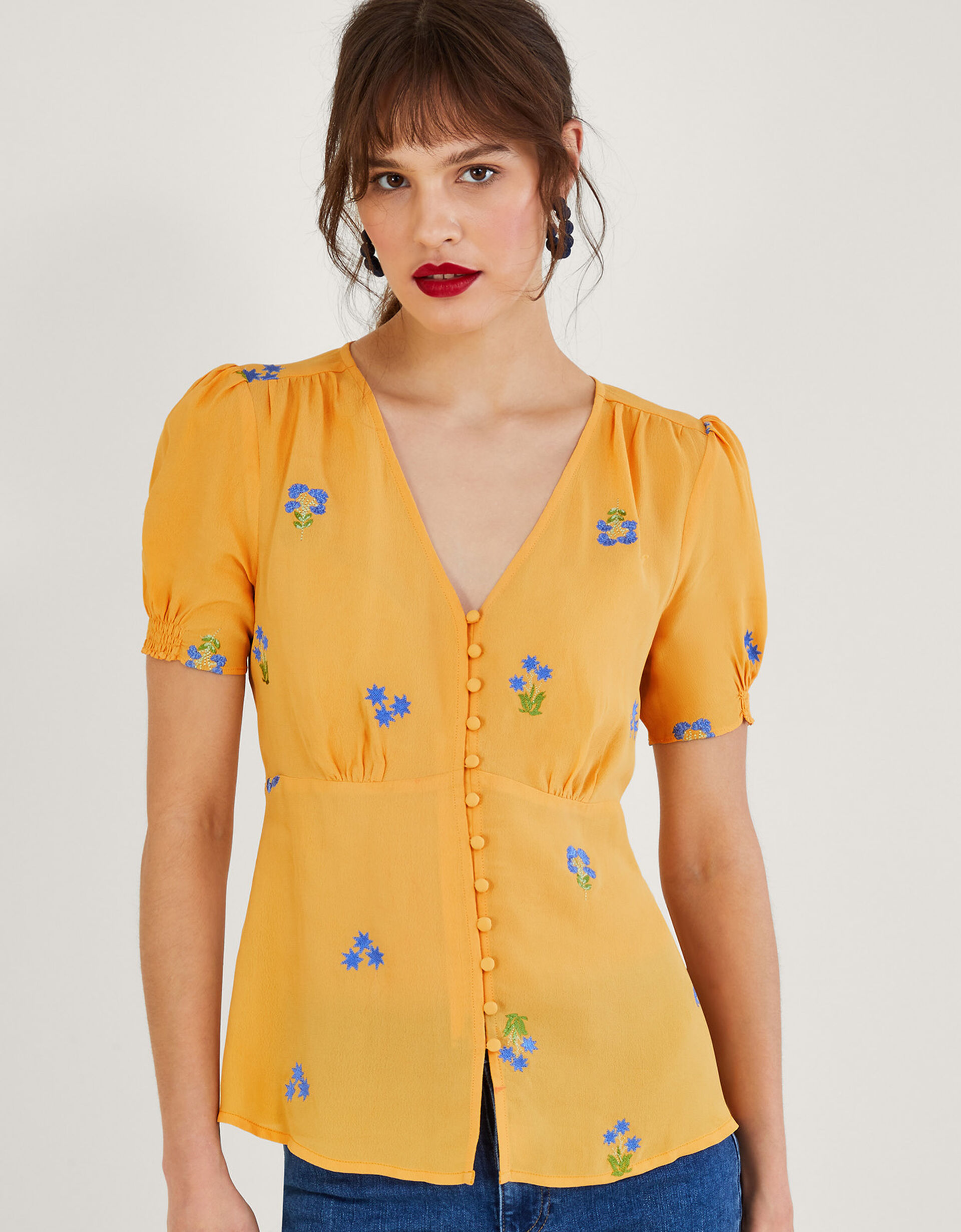 Ollie Embroidered Tea Top in Sustainable Viscose Yellow | Tops & T ...