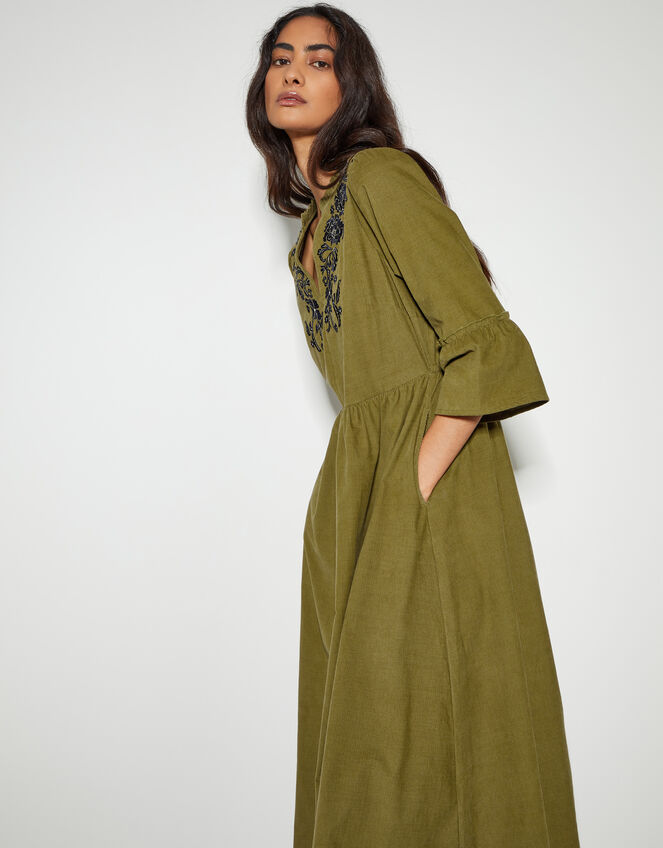 Edith Embroidered Corduroy Midi Dress, Green (OLIVE), large