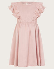 Satin Ruffle Sleeve Dress, Pink (PALE PINK), large