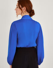 Katie Satin Pussybow Blouse with Recycled Polyester, Blue (COBALT), large