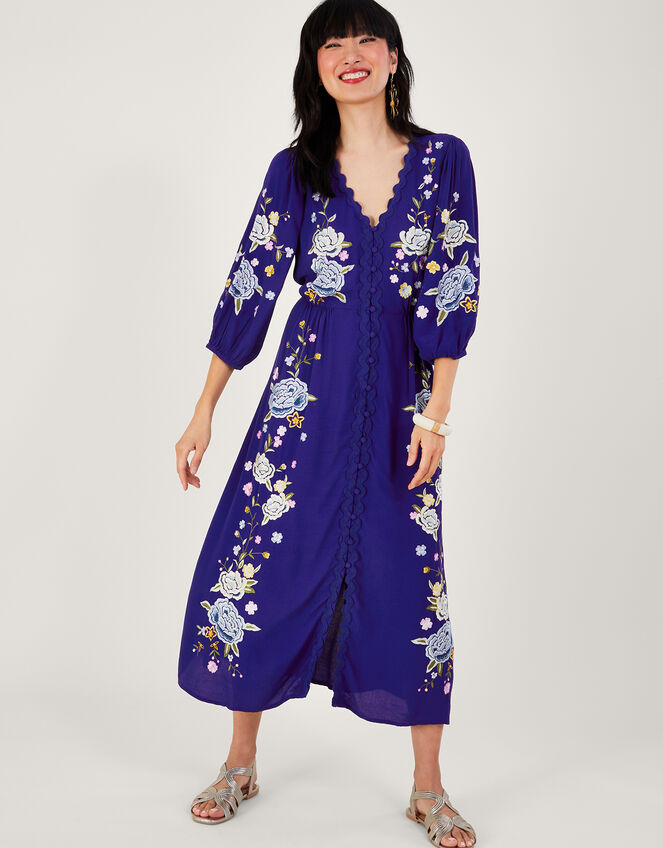 Olla Floral Embroidered Tea Dress in Sustainable Viscose Blue