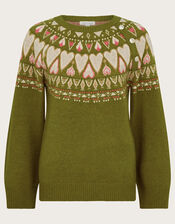 Paula Heart Fair Isle Knit Jumper, Green (OLIVE), large