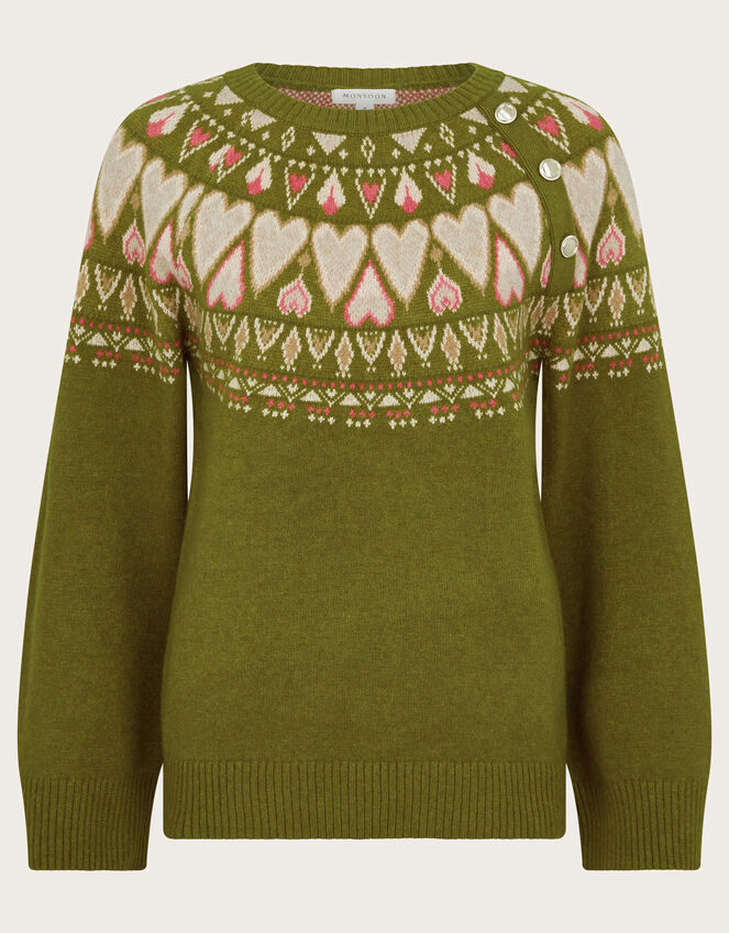 Paula Heart Fair Isle Knit Jumper, Green (OLIVE), large