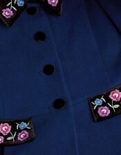 Floral Embroidered Dress Coat, Blue (NAVY), large