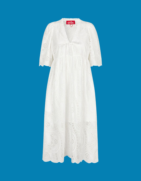 Crās Short Sleeve Broderie Dress, White (WHITE), large