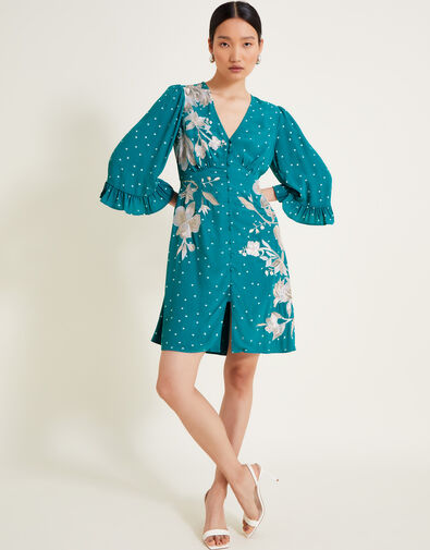 Clea Spot Print Embroidered Dress, Teal (TEAL), large