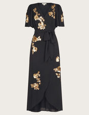 Sarah Sequin Floral Midi Wrap Dress, Black (BLACK), large