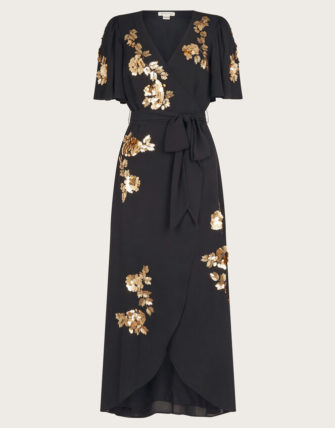 Sarah Sequin Floral Midi Wrap Dress, Black (BLACK), large