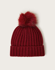 Lilia Ribbed Faux Fur Bobble Hat, Red (BURGUNDY), large