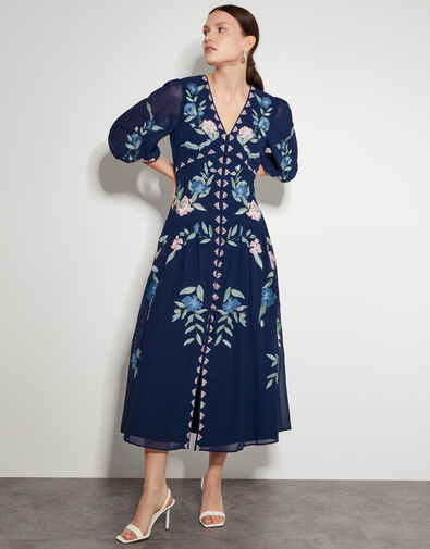 Delilah Embroidered Midi Dress, Blue (NAVY), large