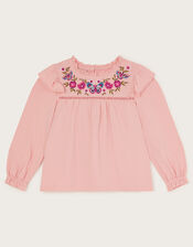 Long Sleeve Floral Embroidered T-Shirt , Pink (PINK), large