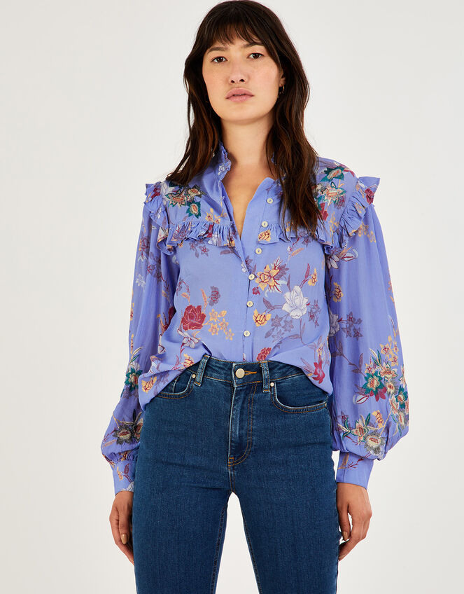 Floral Print Embroidered Blouse in Sustainable Viscose Blue