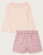 Long Sleeve Collar Top and Tweed Skort Set, Pink (PINK), large