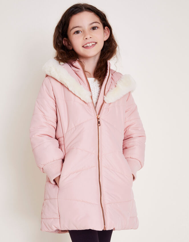 Faux Fur Trim Hooded Puffer Coat, Pink (PINK), large