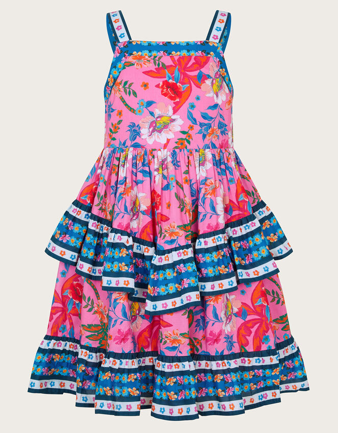 Tropical Print Tiered Dress, Pink (PINK), large