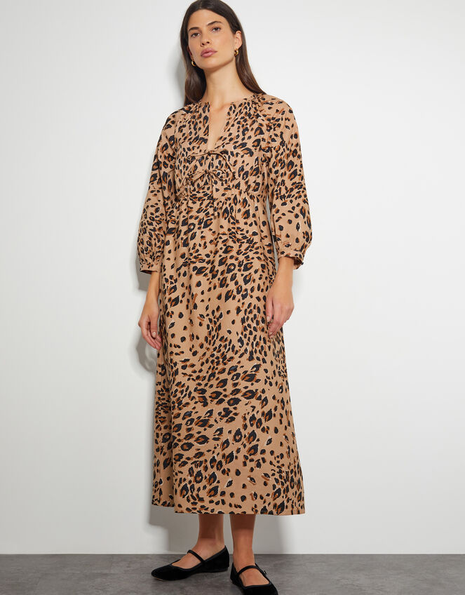 Raife Leopard Print Tie Midi Dress, Natural (NATURAL), large