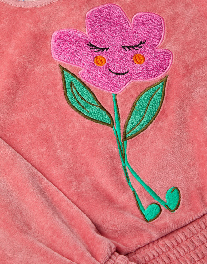 Embroidered Flower Velour Long Sleeve Top, Pink (PINK), large