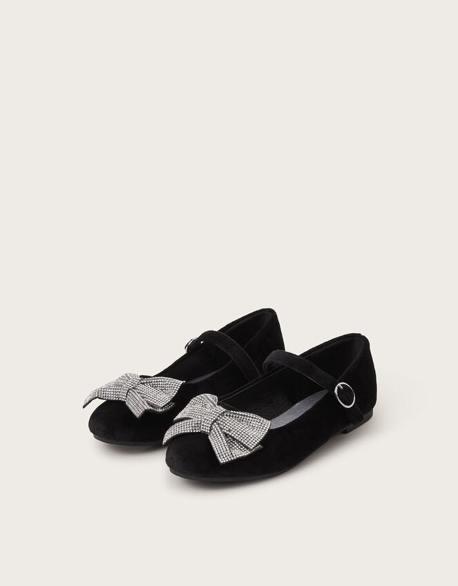 Diamante Bow Velvet Ballet Flats, Black (BLACK), large