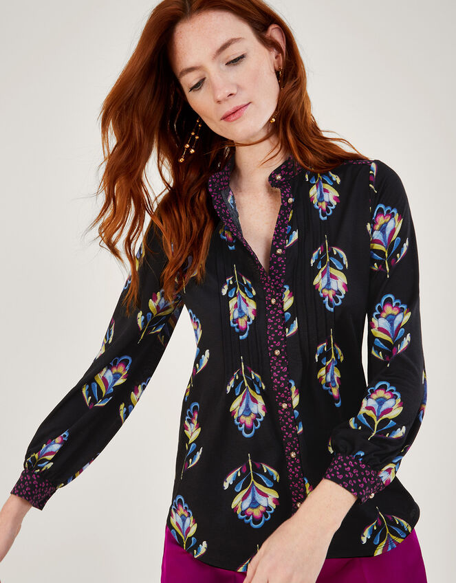 Contrast Floral Print Jersey Shirt with Recycled Polyester Black
