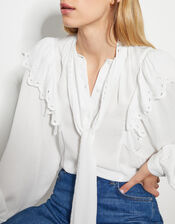 Cassie Broderie Frill Tie-Neck Blouse, Ivory (IVORY), large