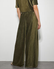 Shay Rib Velour Wide Leg Trousers, Green (KHAKI), large