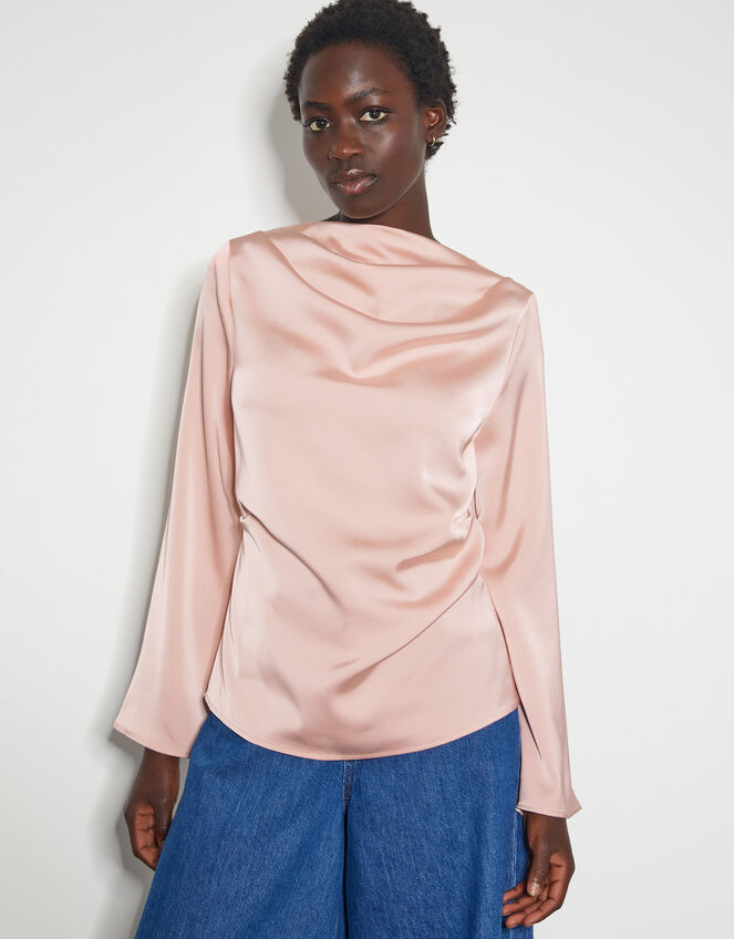 Clarissa Long Sleeve Cowl Satin Top, Pink (PINK), large