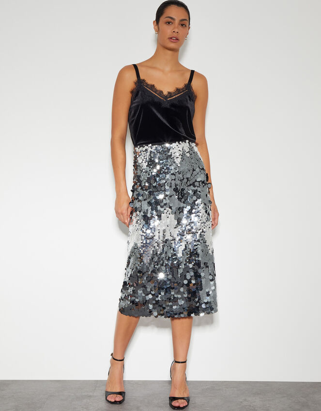 Sia Sequin Midi Skirt, Silver (SILVER), large