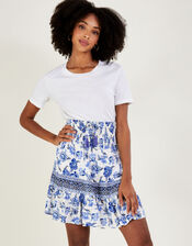 Floral Print Tie Waist Short Skirt, Blue (BLUE), large