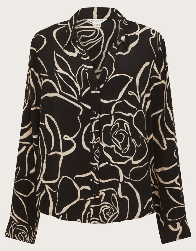 Mary Illustrated Floral Print Shirt, Black (BLACK), large