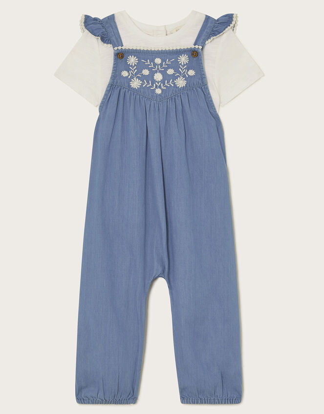 Baby Chambray Embroidered Dungarees, Blue (BLUE), large