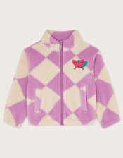 Check Print Heart Zip Fleece Jacket, Purple (LILAC), large